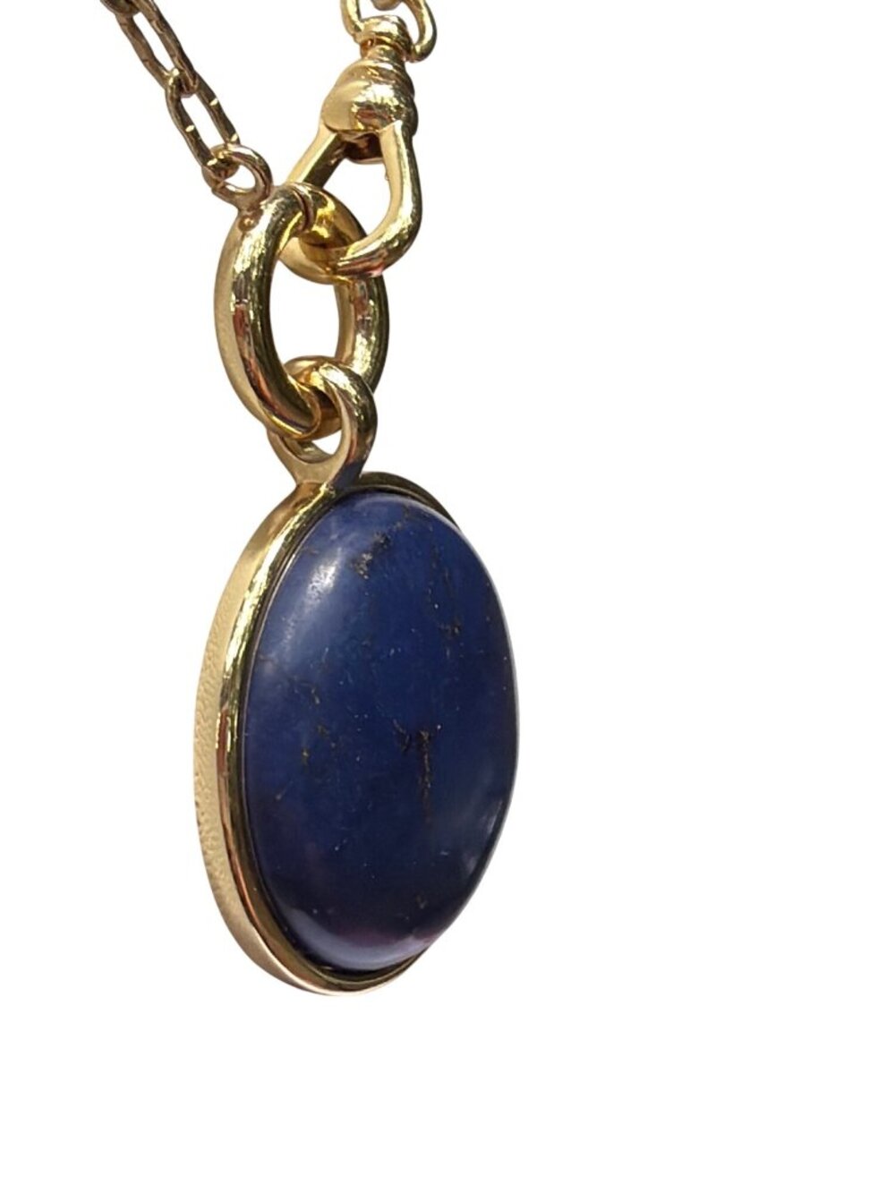Lapis Lazuli Round Pendant Necklace Gold Tone Chain Front Clasp 30" Sleek - Picture 2 of 4